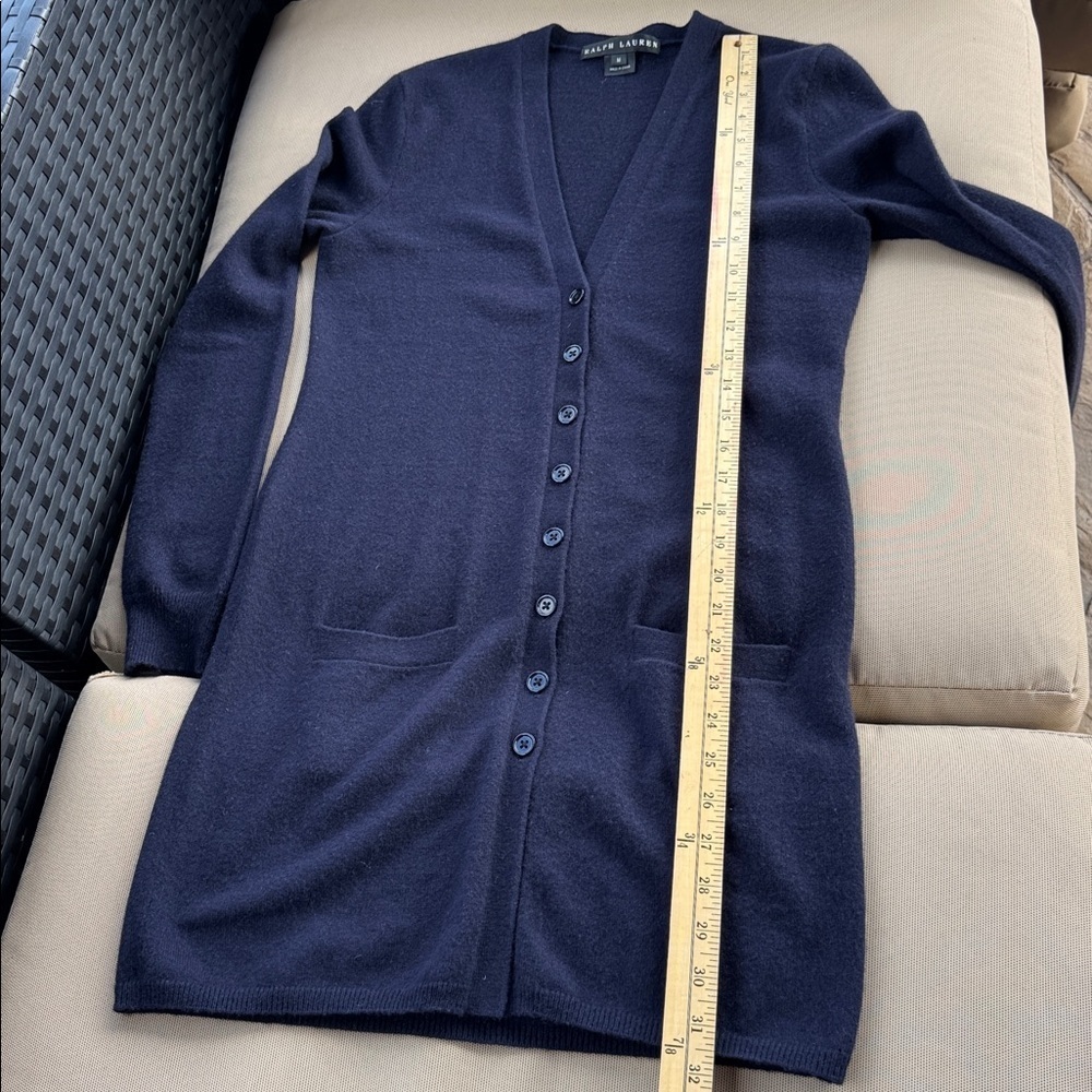 Ralph Lauren Womens 100% Cashmere Black Label Button Navy Cardigan Size Medium - Picture 12 of 13